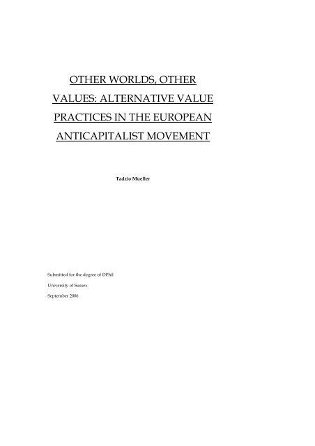 other worlds, other values: alternative value practices in the ...