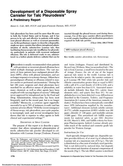 Development of a Disposable Spray Canister for Talc Pleurodesis*