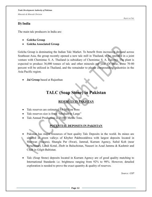 TALC (SOAP STONE) - Trade Development Authority Of Pakistan