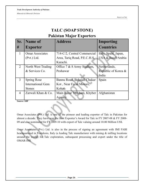 TALC (SOAP STONE) - Trade Development Authority Of Pakistan