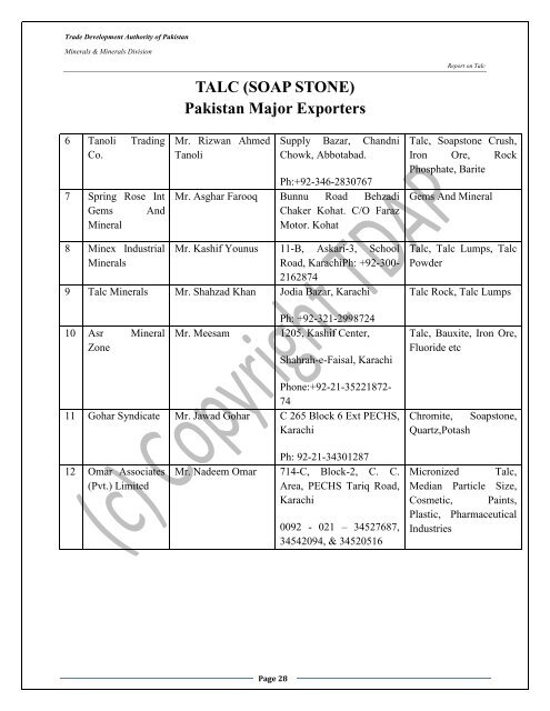 TALC (SOAP STONE) - Trade Development Authority Of Pakistan