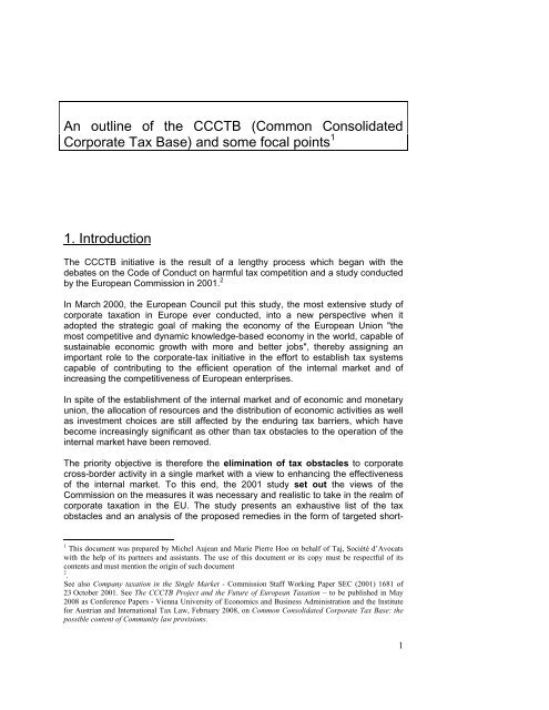 An outline of the CCCTB (Common Consolidated Corporate Tax ...