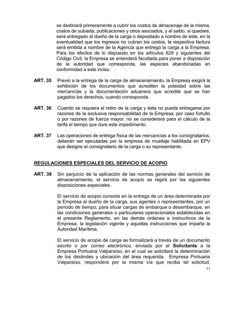 Reglamento de los Servicios - Puerto Valparaíso