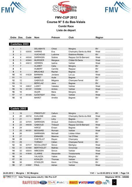 liste des départs - data ski-valais