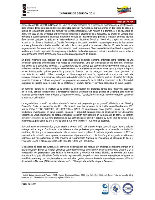 INFORME DE GESTIÓN INSTITUCIONAL 2011 - Instituto Nacional ...