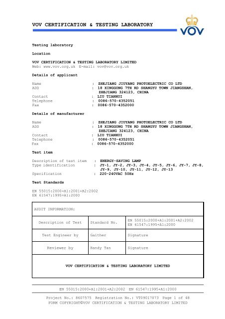 ec declaration of conformity - Zhejiang Joinan Lighting Co.,ltd