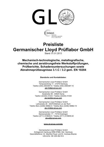 Preisliste Germanischer Lloyd Prüflabor GmbH - GL Group