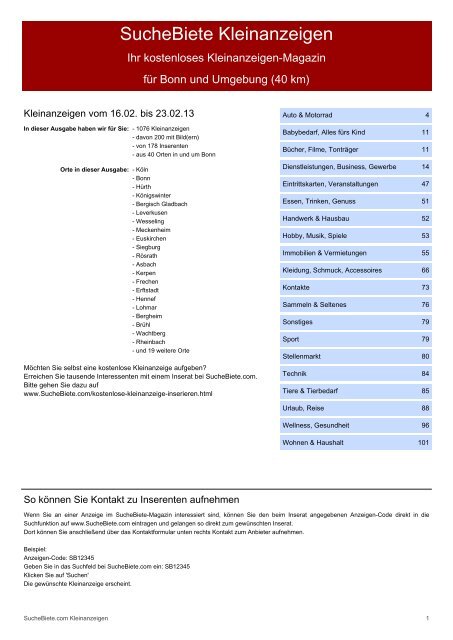 SucheBiete Kleinanzeigenzeitung Bonn - Kostenlose Kleinanzeigen