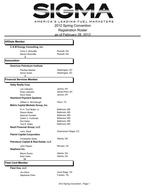 2012 Spring Convention Registration Roster as of February 28, 2012