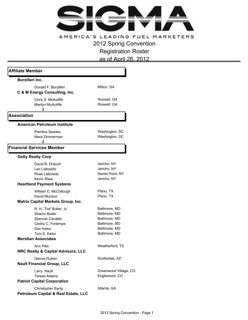 2012 Spring Convention Registration Roster as of April 26, 2012