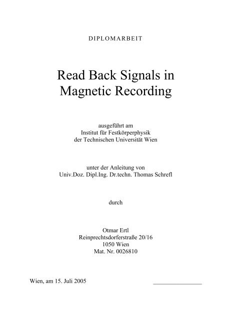 Read Back Signals in Magnetic Recording - Research Group Fidler