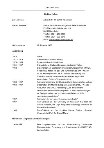 Curriculum Vitae Mathias Hafner priv. Adresse - Fakultät für ...