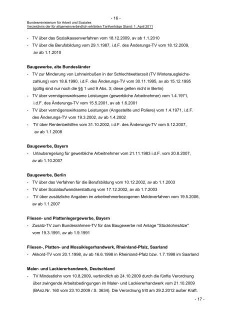 Verzeichnis der für allgemeinverbindlich erklärten Tarifverträge