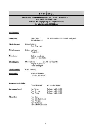 0 PROTOKOLL der Sitzung des Patientenbeirats der DMSG, LV ...