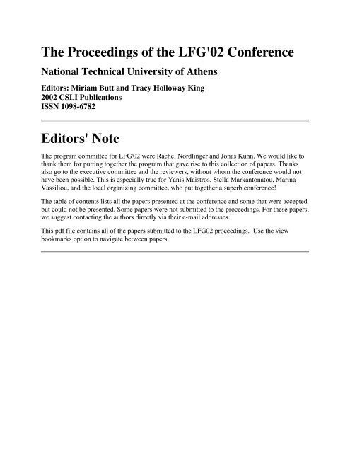 Proceedings of the LFG 02 Conference National Technical - CSLI ...