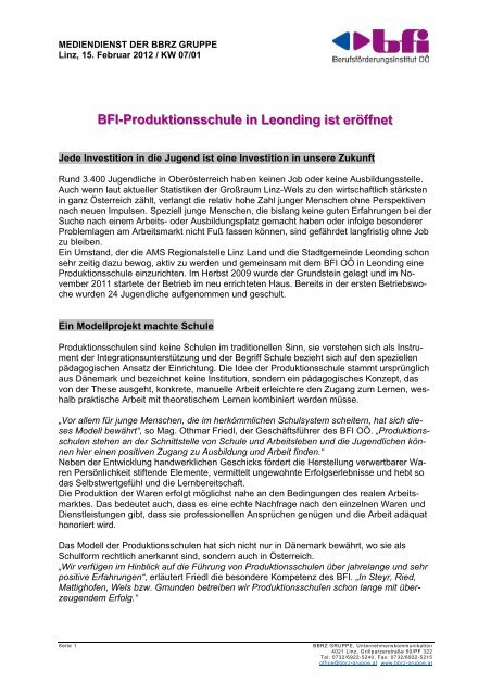 Eröffnung BFI-Produktionsschule Leonding, 15.02 ... - BBRZ Gruppe