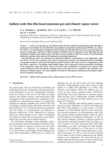 Indium oxide thin film based ammonia gas and ethanol vapour sensor