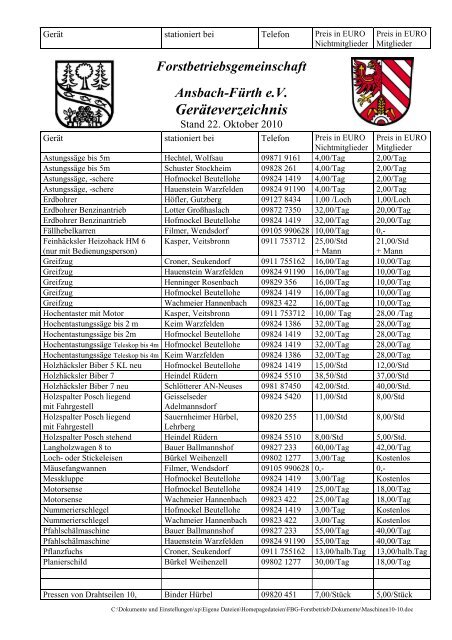 Geräteverzeichnis - Forstbetriebsgemeinschaft Ansbach-Fürth e.V.