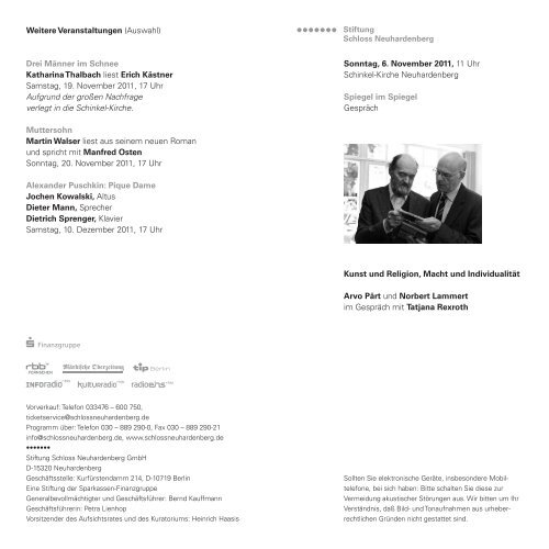 Programmzettel Stiftung Schloss Neuhardenberg