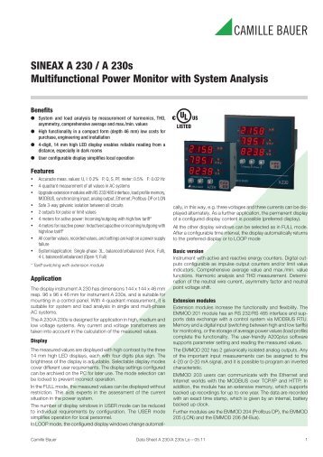 Data Sheet SINEAX A230/A230s - Camille Bauer AG