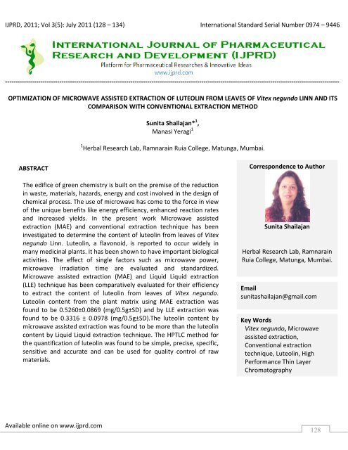 OPTIMIZATION OF MICROWAVE ASSISTED EXTRACTION ... - IJPRD