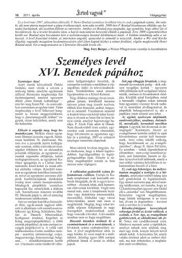 Személyes levél XVI. Benedek pápához