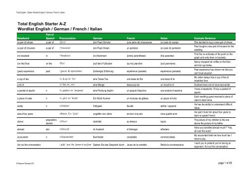 Total English Starter A-Z Wordlist English / German / French / Italian
