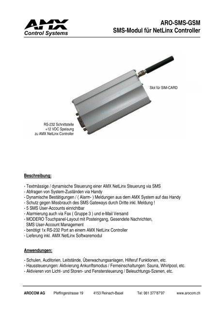 Control Systems ARO-SMS-GSM Sms-Modul für ... - Arocom AG