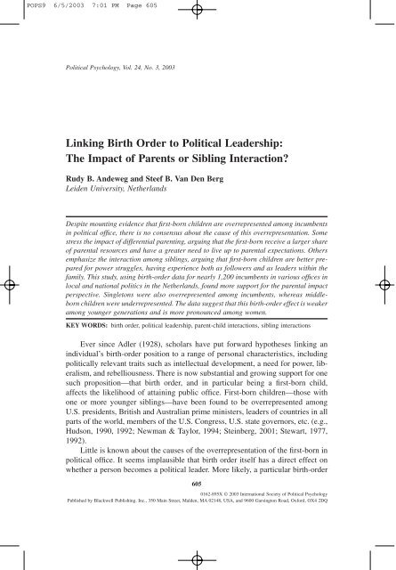 Linking Birth Order to Political Leadership: The Impact of Parents or ...
