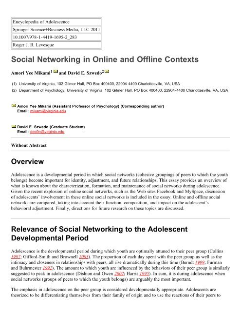 Social Networking in Online and Offline Contexts - University of ...