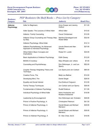 PEP Bookstore On Shelf Books -- Price List by Category