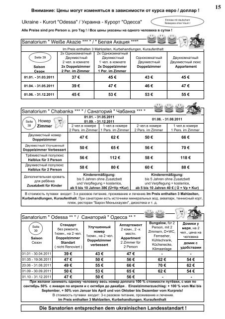 PREISLISTE 2011 - Kur und Urlaub Reiseveranstaltungen R.Klassen