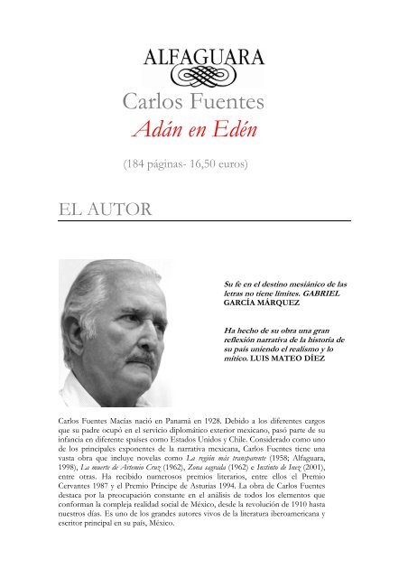 Carlos Fuentes Adán en Edén - Alfaguara