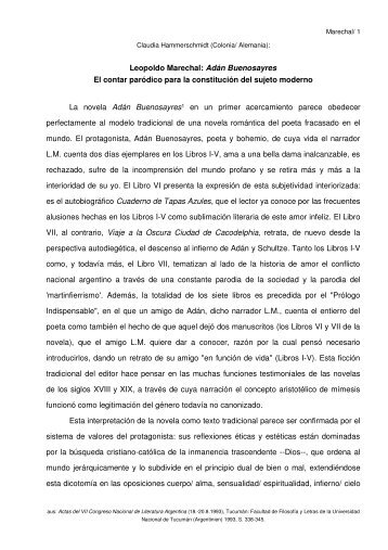 Leopoldo Marechal: Adán Buenosayres El contar paródico para la ...