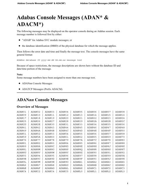 Adabas Console Messages †ADAN* & ADACM*‡ - Software AG ...