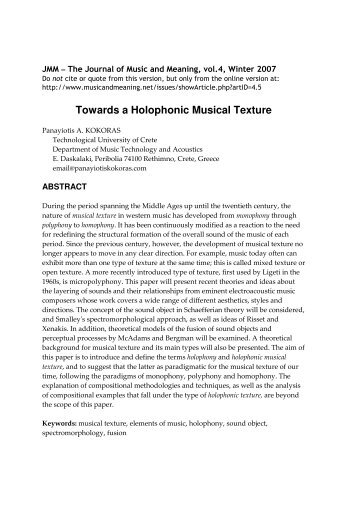 Towards a Holophonic Musical Texture - The Journal of Music and ...