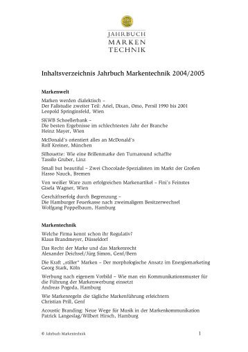 Inhaltsverzeichnis Jahrbuch Markentechnik 2004/2005