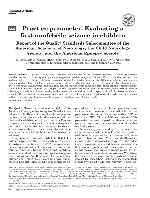 Practice parameter: Evaluating a first nonfebrile seizure in children