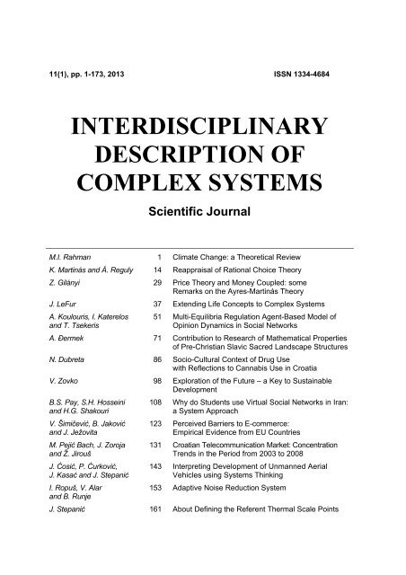 indecs 11(1) - Interdisciplinary Description of Complex Systems