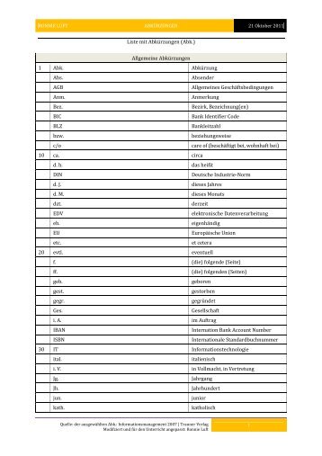 Liste mit Abkürzungen (Abk.) Allgemeine Abkürzungen 1 Abk ...