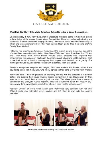 West End Star Kerry Ellis visits Caterham School to judge a Music ...