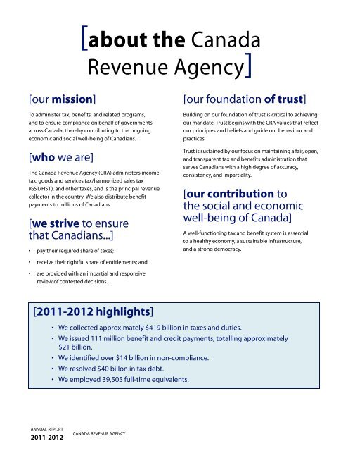 CRA Annual Report to Parliament 2011-2012 (PDF - Agence du ...