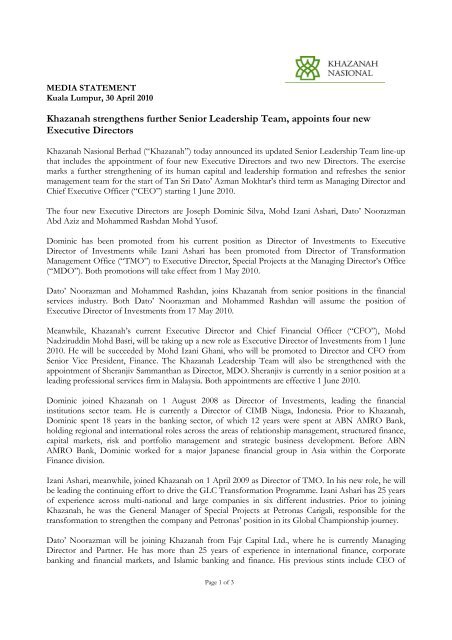 Khazanah Strengthens Further Senior Leadership Team Appoints