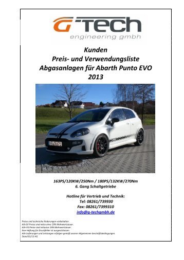 Preisliste Auspuffanlagen Abarth Punto EVO K120 - G-Tech