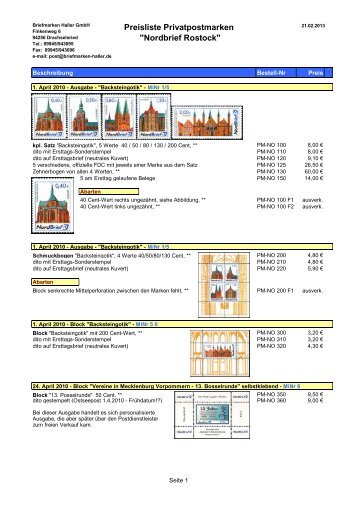 Preisliste Privatpostmarken "Nordbrief Rostock" - Briefmarken ...