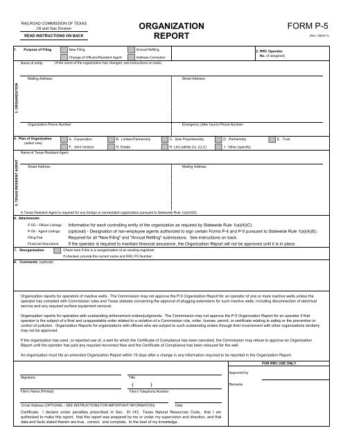 Form P-5 Organization Report - The Railroad Commission of Texas