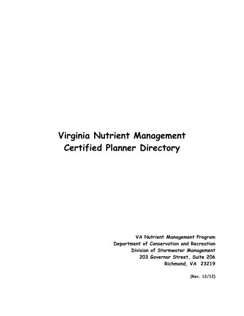 Virginia Nutrient Management Certified Planner Directory