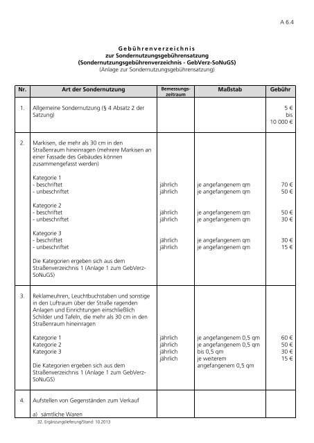 A 6.4 Gebührenverzeichnis zur Sondernutzungsgebührensatzung ...