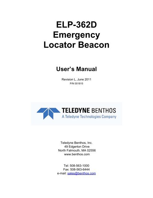 ELP-362D Emergency Locator Beacon User's ... - Teledyne Benthos