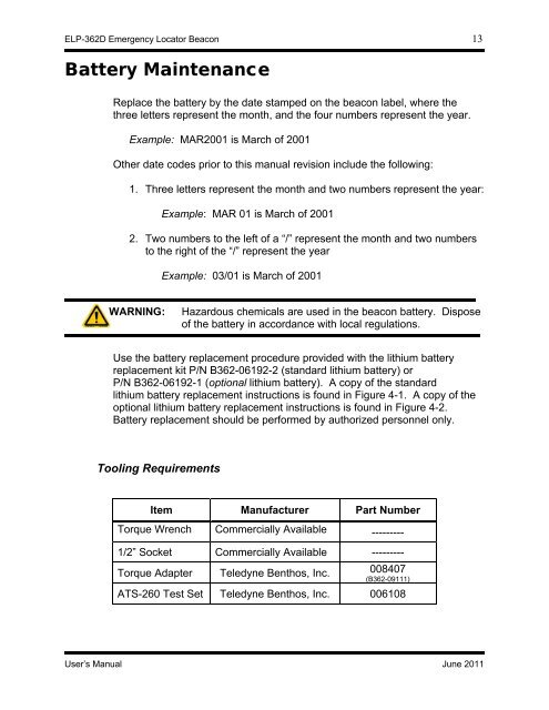 ELP-362D Emergency Locator Beacon User's ... - Teledyne Benthos